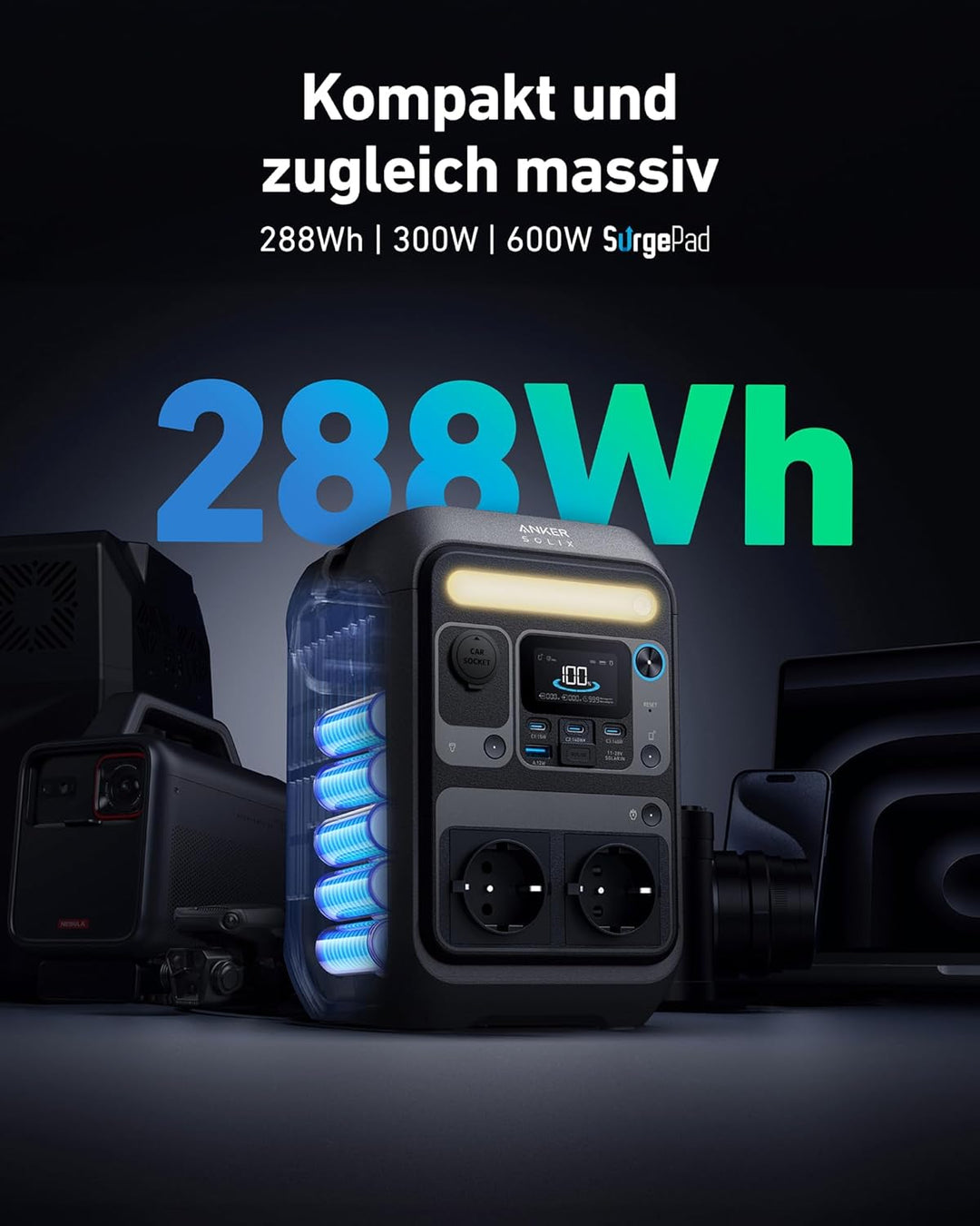Anker SOLIX C300X Tragbare Powerstation, 288Wh LiFePO4 Akku, 300W (Max 600W) Solargenerator, 140W Be