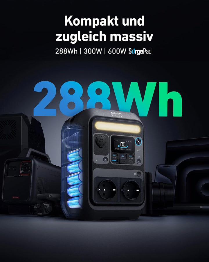 Anker SOLIX C300X Tragbare Powerstation, 288Wh LiFePO4 Akku, 300W (Max 600W) Solargenerator, 140W Be
