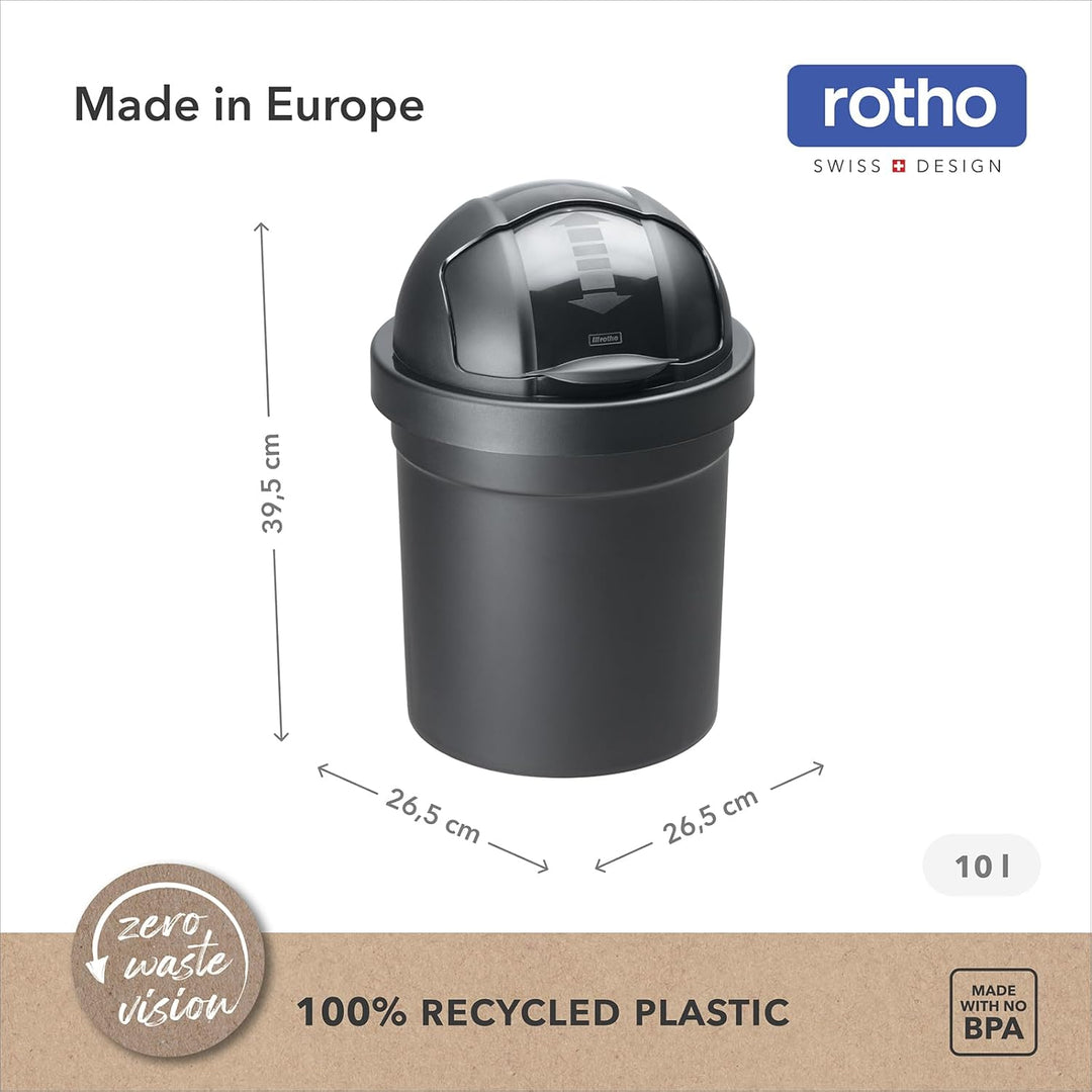 Rotho Roll Bob runder Mülleimer mit Deckel 10l, Kunststoff, schwarz, 10 l (26,5 x 26,5 x 39,5 cm) 10