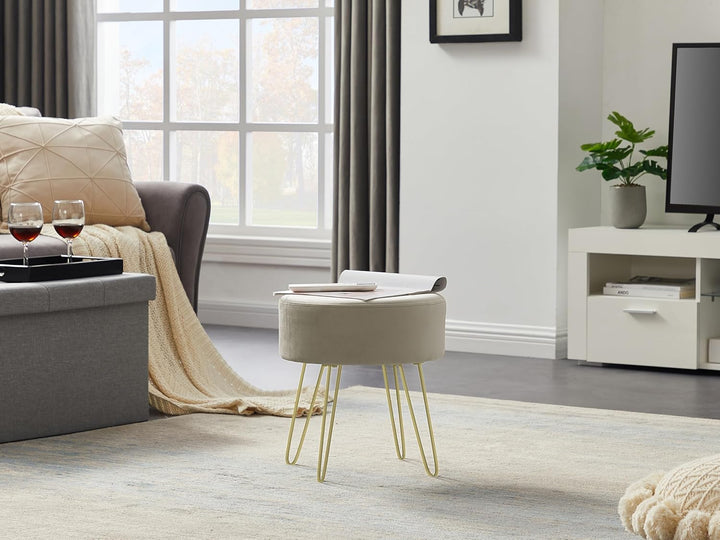 Zedelmaier Runder Sitzhocker Schminktisch Hocker Ottoman Gepolsterter Hocker Metallstütze Beige Beig