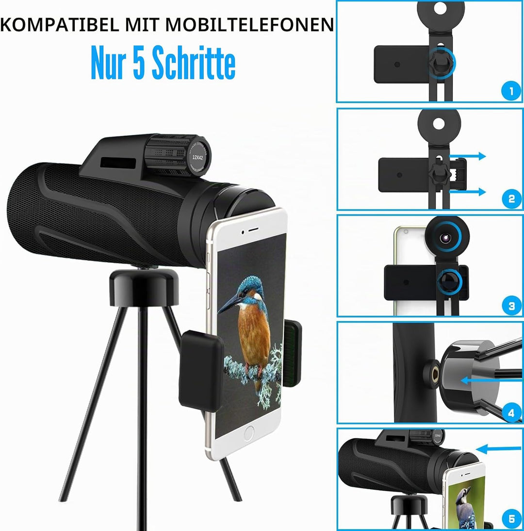 12x42 Zoom Fernrohr monokular, Mono fernglas Erwachsene, mit Smartphone Halter Stativ,für Wildtiere