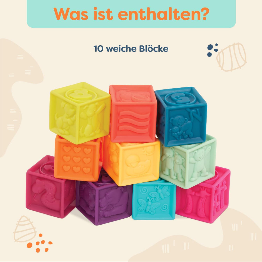 B. toys - One Two Squeeze - Baby-Blöcke - Stapel- und Bauspielzeug für Babys - 10 weiche Blöcke mit