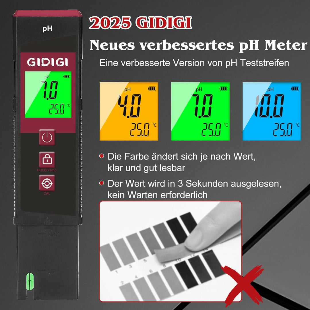 Digitales pH Messgerät für Wasser mit LED, Farbiger pH Wert Test für Pools, Professioneller pH Level