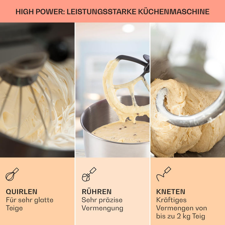 Klarstein Bella Küchenmaschine - Knetmaschine mit 6 Geschwindigkeitsstufen, Rührmaschne aus Edelstah
