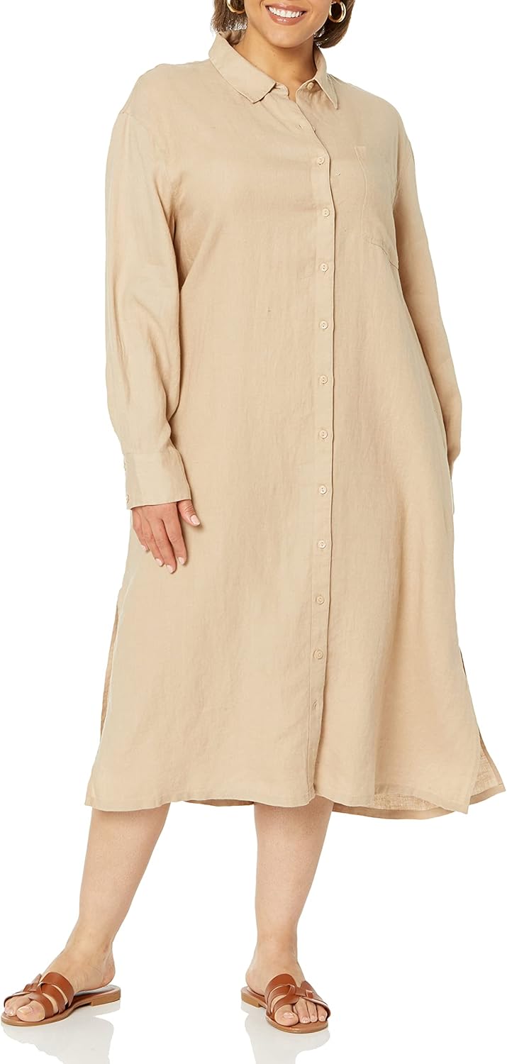 The Drop Fiona Midi-Hemdkleid für Damen, aus Leinen, Relaxed-Fit S Hummus, S Hummus
