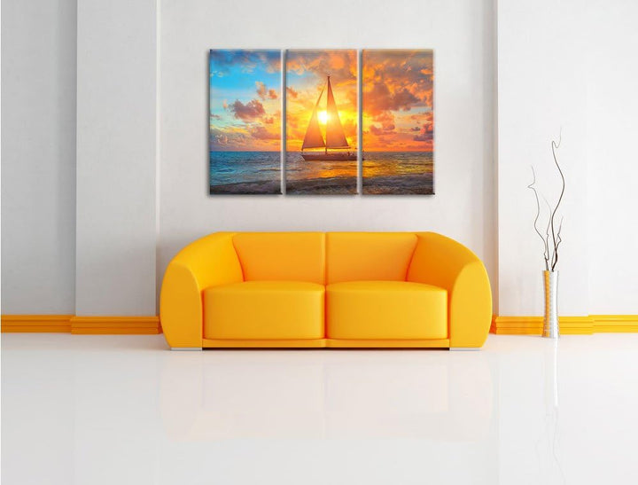 Pixxprint Segelboot nahgelegen der Küste als Leinwandbild/Grösse: 3 Teilig (120x80) / Wandbild/Kunst