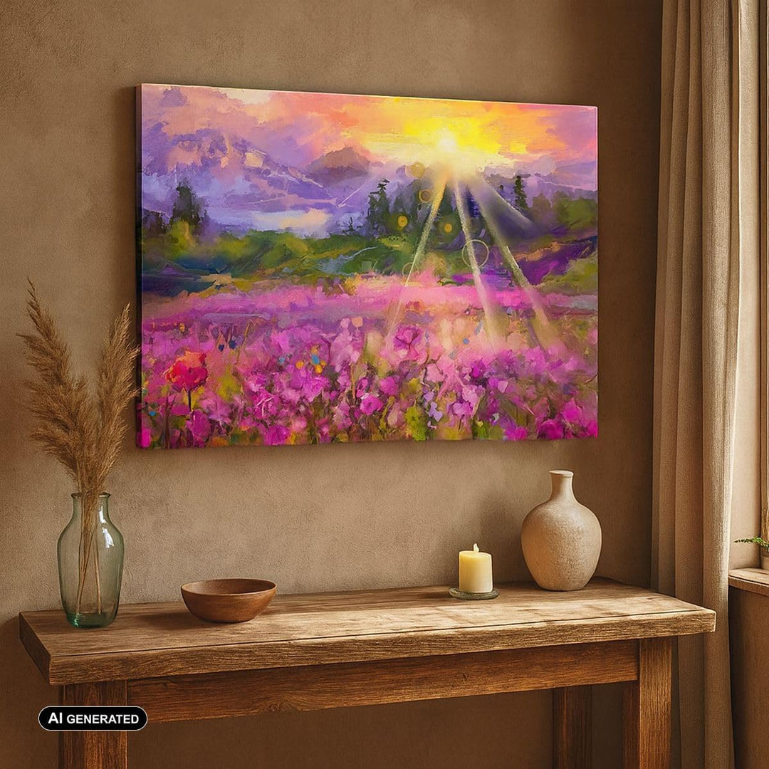 Bilder auf Leinwand Berge Blumen Blumen Leinwandbild mit Rahmen 70x50cm Wandbilder Dekoration Wohnzi