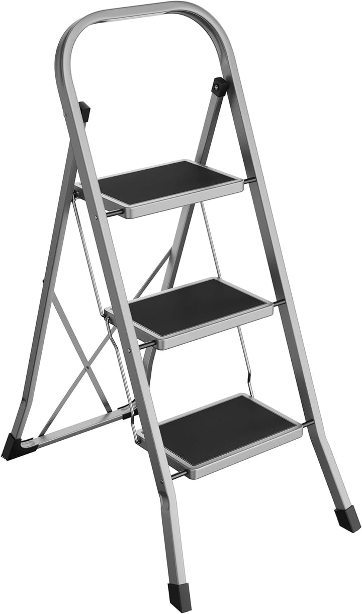SONGMICS Klapptritt mit 3 Stufen, Trittleiter, Leiter, 20 cm breite Stufen, rutschfeste Gummimatten,