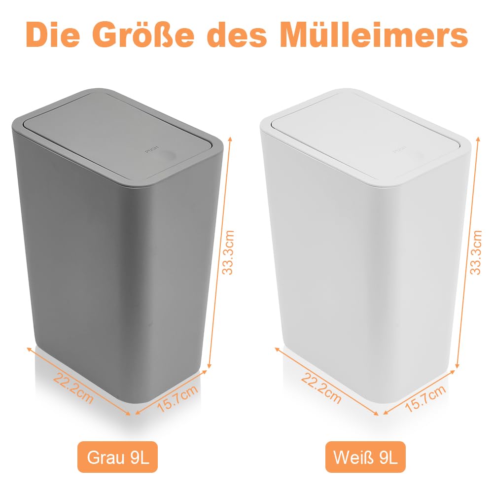 2 Mülleimer 10 Liter Badezimmer Mülleimer mit Druckverschluss Deckel,Mülleimer Bad, Komposteimer für