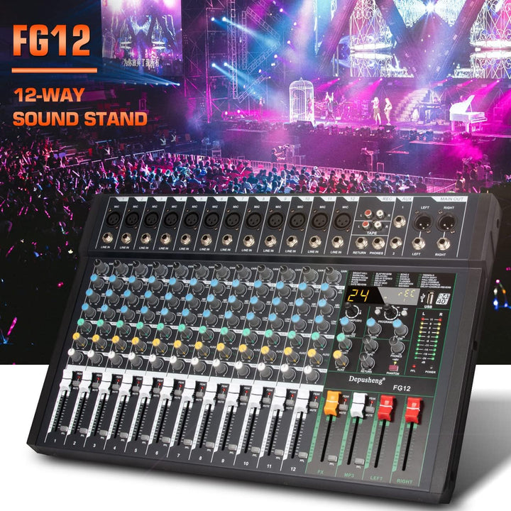 Depusheng FG12 Professioneller 12-Kanal-Audio-Mixer für Computeraufnahmen, Sound-Controller-Schnitts