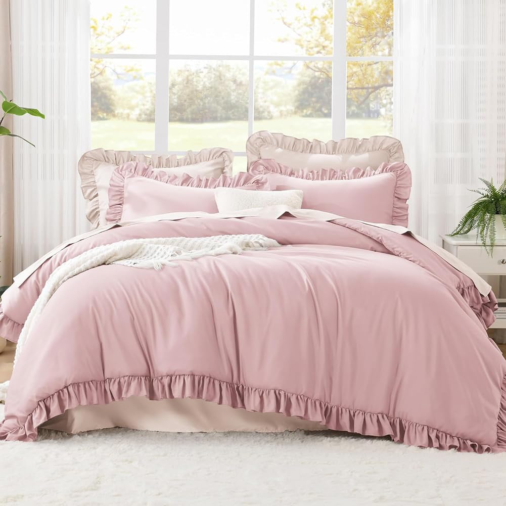 AShanlan Bettwäsche Rüschen 135x200cm Rosa Microfaser Bettbezug Romantisch Bettwäsche Set mit Kopfki