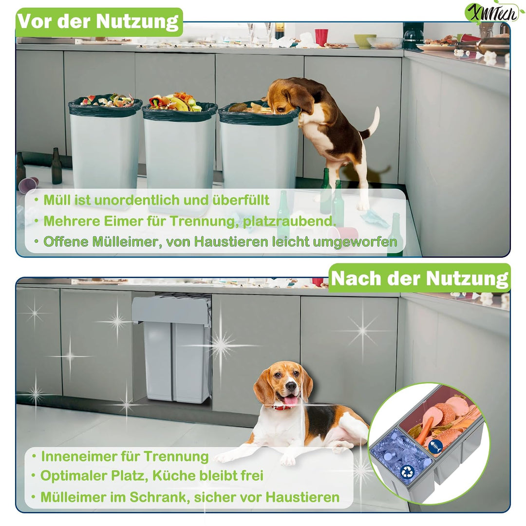 XMTECH Einbaumülleimer Küche Auszug, Einbaumülleimer Unterschrank Müll-Trennsystem, 2 Fächer Auszieh