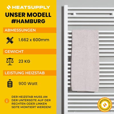 Handtuchheizkörper elektrisch 1662 x 600mm - Badheizkörper elektrisch 900 Watt weiss inkl. Heizstab