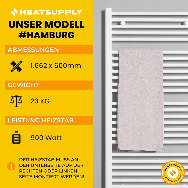 Handtuchheizkörper elektrisch 1662 x 600mm - Badheizkörper elektrisch 900 Watt weiss inkl. Heizstab