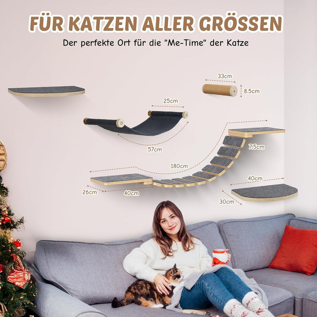 5-in-1 Katzen Kletterwand Set - aus Birkenholz | Katzen Wandelemente mit Katzenbett & Laufsteg | Max