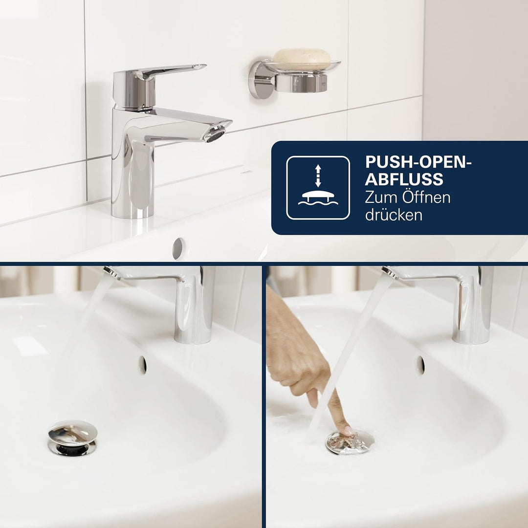 GROHE Dice, Waschtischarmatur, wassersparend (Wasserhahn für das Bad, Badarmatur mit Push-Open Ablau