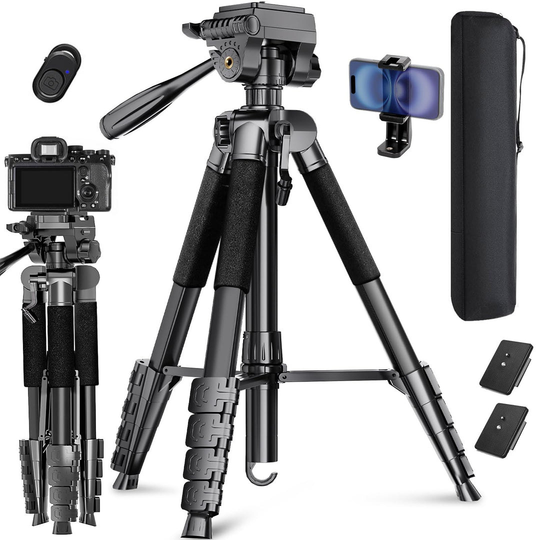 Lusweimi 187cm Kamera Stativ, Aluminium Reisestativ mit 360° Panorama Fluidkopf&2 QR-Platten für Son