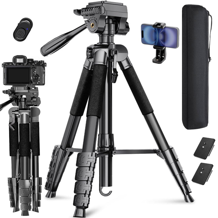 Lusweimi 187cm Kamera Stativ, Aluminium Reisestativ mit 360° Panorama Fluidkopf&2 QR-Platten für Son