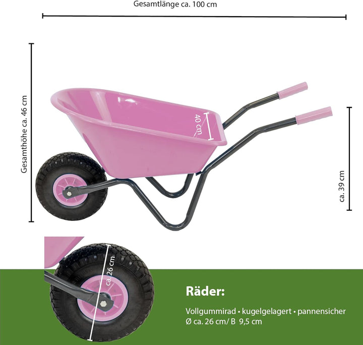 Kinderschubkarre Uni 40 kg Traglast 3,6 kg Stahl Kunststoff rosa Vollgummirad Schiebkarre Garten Uni