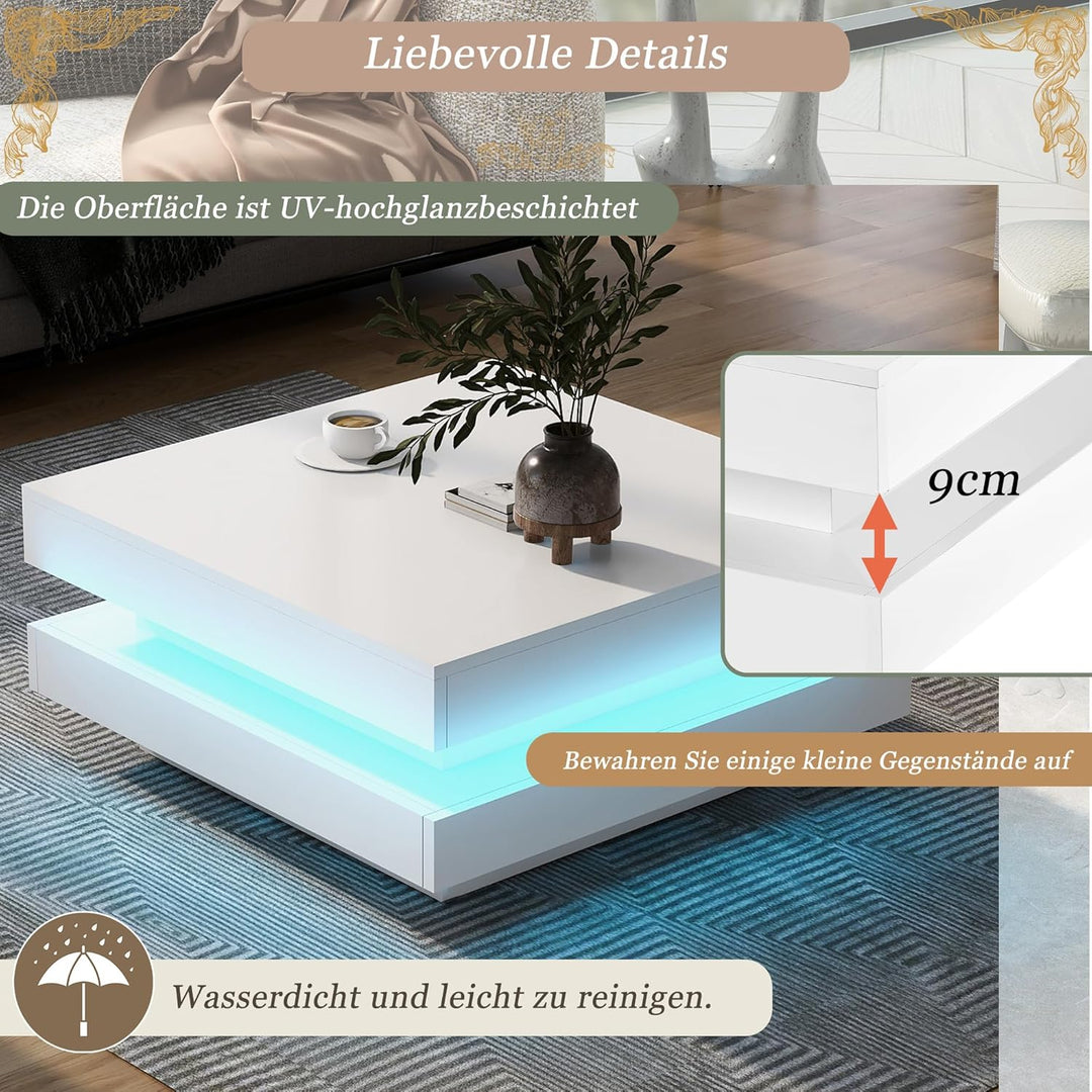 Merax Couchtisch Weiss Hochglanz quadratischer, Moderner Wohnzimmertisch mit drehbarer Platte, Beist