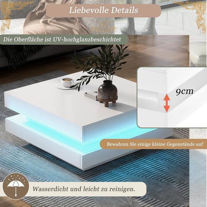 Merax Couchtisch Weiss Hochglanz quadratischer, Moderner Wohnzimmertisch mit drehbarer Platte, Beist