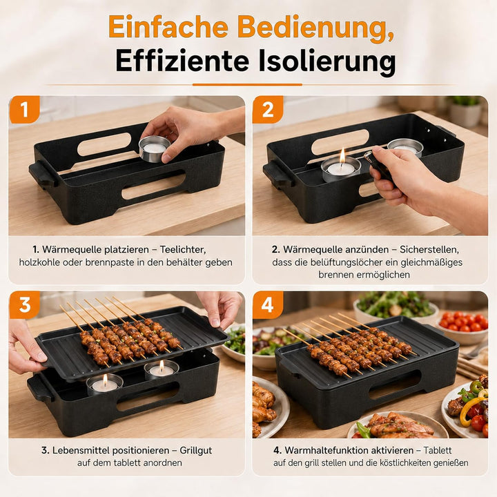BBQ Warmhalteplatte, Antihaft Aluminium Speisenwärmer mit Teelichthaltern für Fleisch &amp; Grillgut, Gr