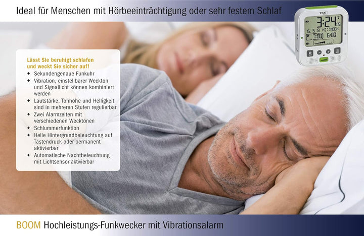 TFA Dostmann Boom Funkwecker, Laut mit Vibrationsalarm, Snooze-Funktion, einstellbare Lautstärke und