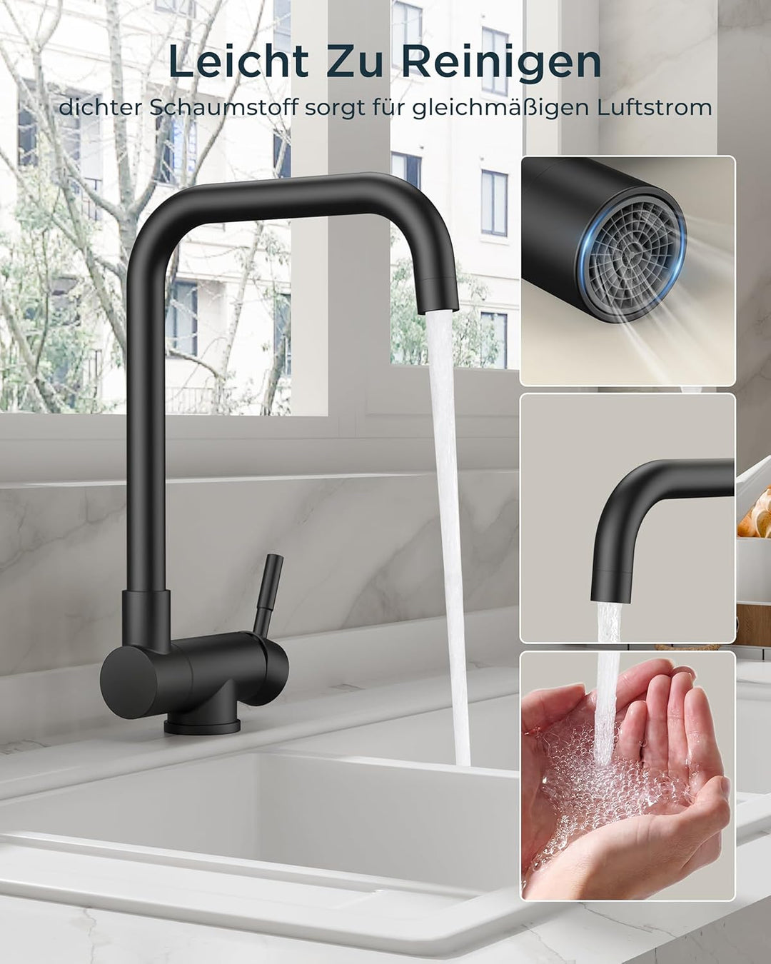 FORIOUS Wasserhahn Küche Schwarz, Küchenarmatur mit 360° Schwenkbar und Klappbar, L-förmiger Edelsta