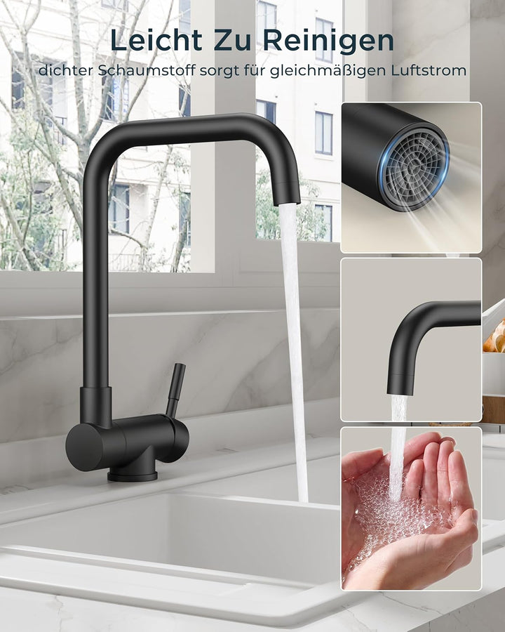FORIOUS Wasserhahn Küche Schwarz, Küchenarmatur mit 360° Schwenkbar und Klappbar, L-förmiger Edelsta