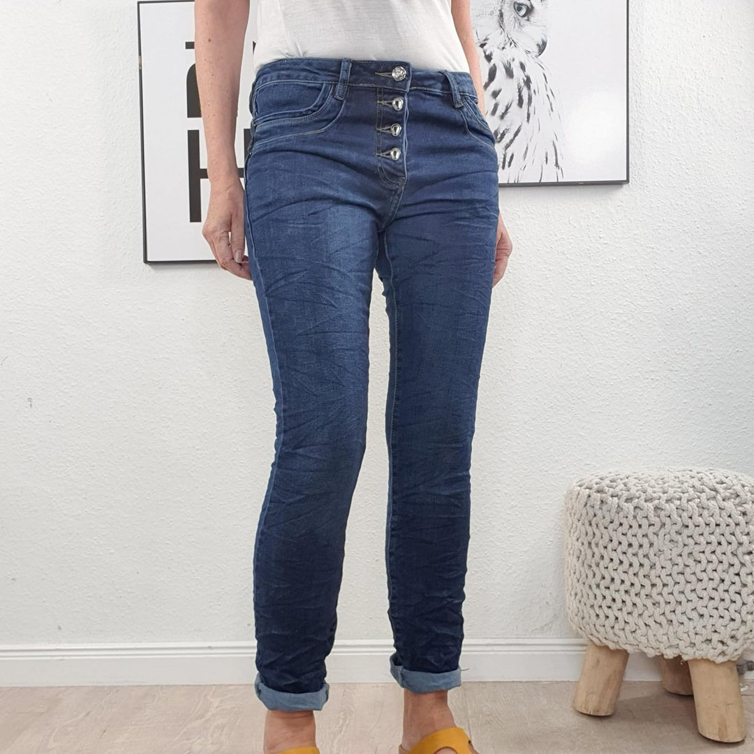 Jewelly Stretch Jeans| im Baggy Boyfriend Schnitt| Damen Hose mit dekorativer Knopfleiste| Perfekter