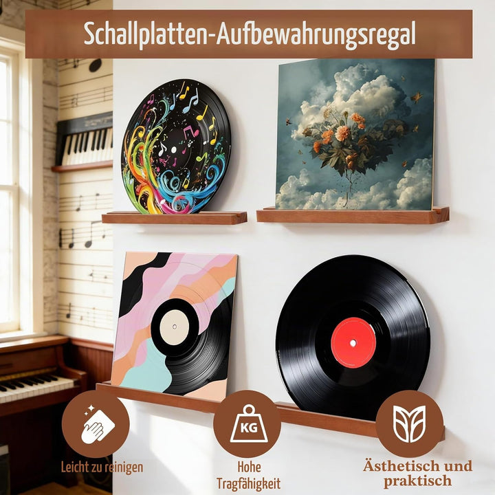 6 Stück Vinyl-Schallplattenregal Natur Holz Schallplatten-Wandhalterung schwebende Wandhalterung für