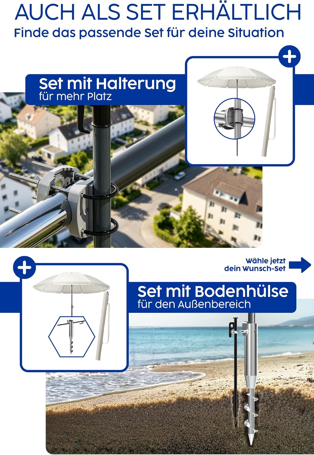 4smile Sonnenschirm Strand SunnyJoy, Beige - UPF 50+ Strandschirm Ø 180 cm, sicherer Sonnenschutz St