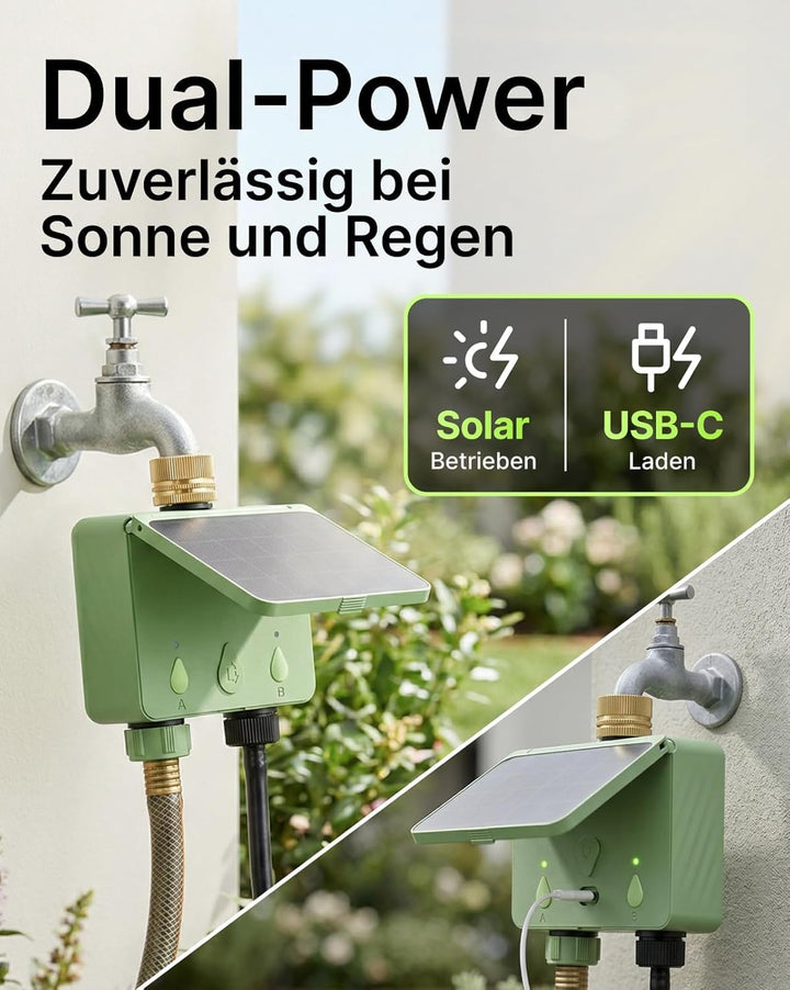 Solar WLAN Bewässerungscomputer für Garten, 2-Wege Smart Bewässerungsuhr mit Durchflussmesser, Kein
