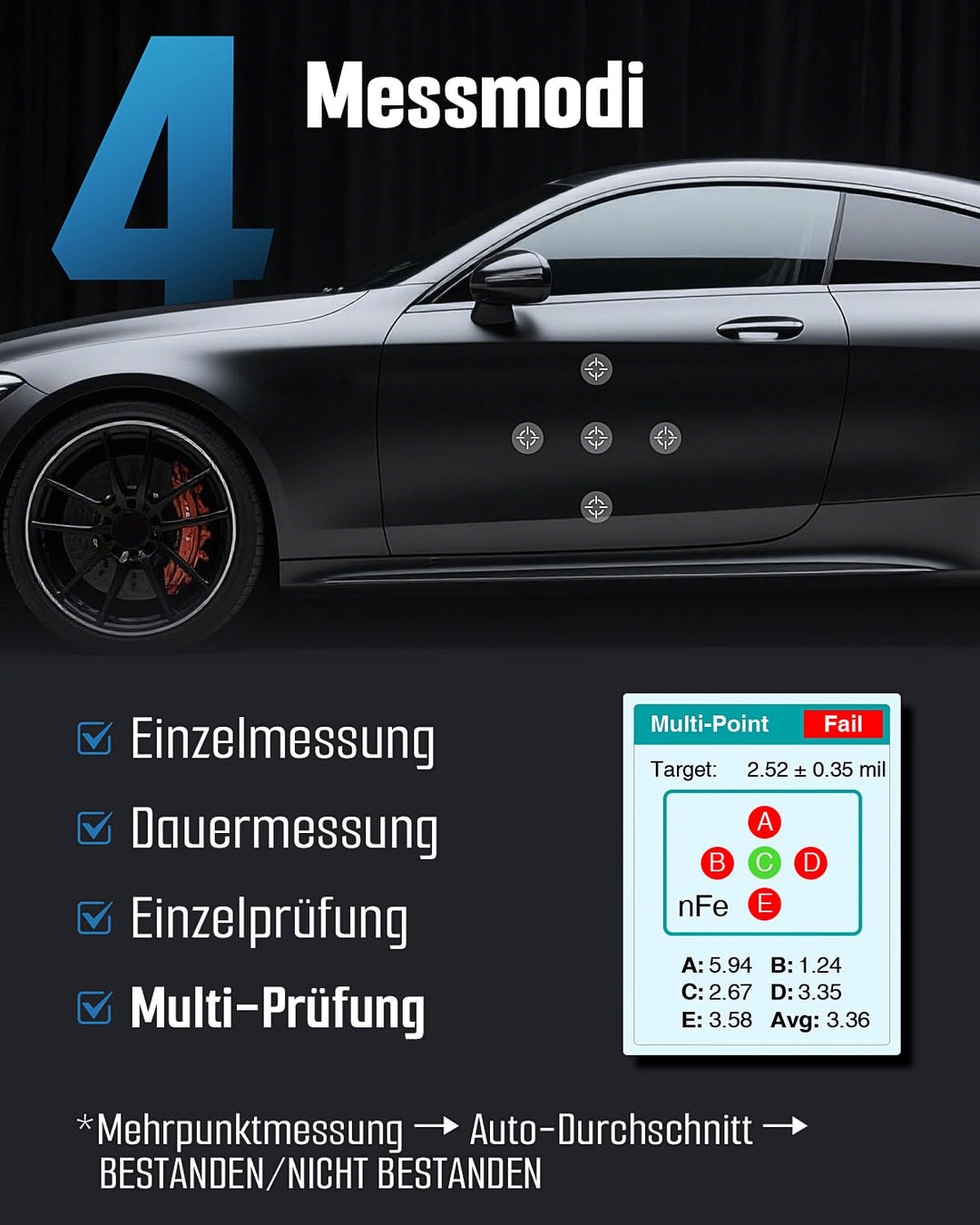 TESMEN TCG-2001 Lackschichtdickenmessgerät für Autos, Digitales Lackmessgerät mit Balkendiagramm, 4-