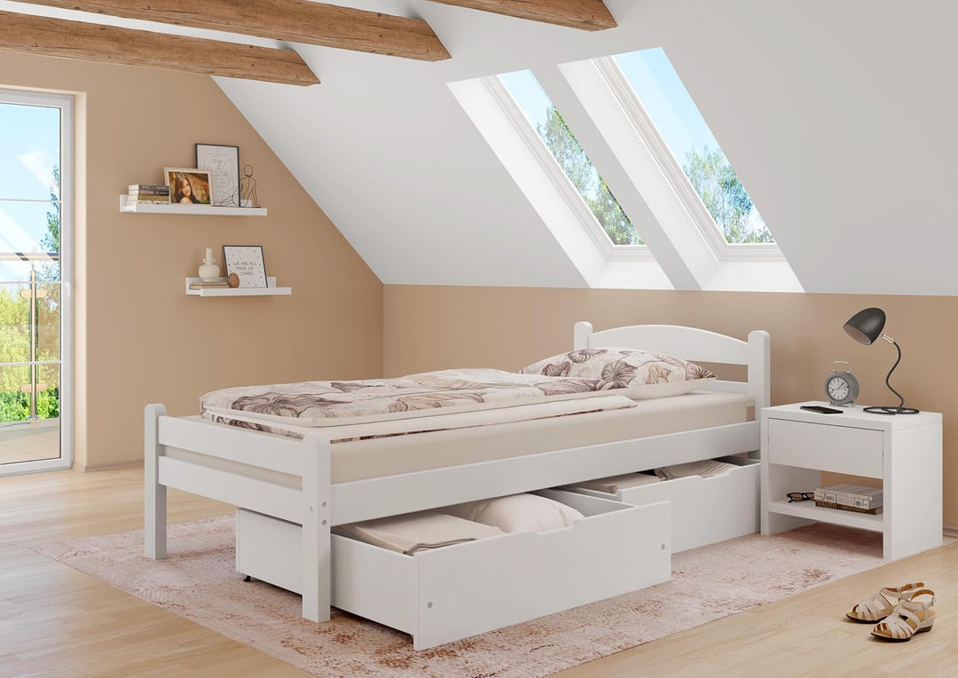 Erst-Holz Weisses Einzelbett Buche massiv 80x200 Bettgestell und wählbare Ausstattung V-60.45-08W, A