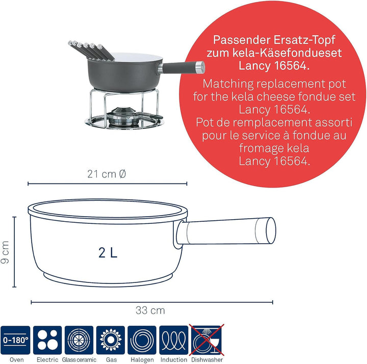 Kela 16571 Käsefondue-Pfanne, Aluguss, Keramisch beschichtet, Induktionsgeeignet, 1 L, Meyrin, grau