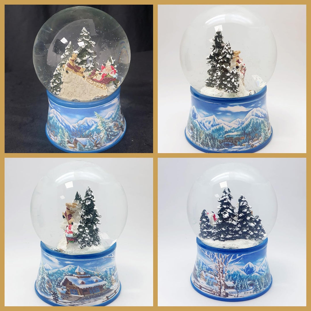 Schneekugel Weihnachten Spieluhr | Weihnachtsmann im Schlitten | Sockel Winterlandschaft hellblau |