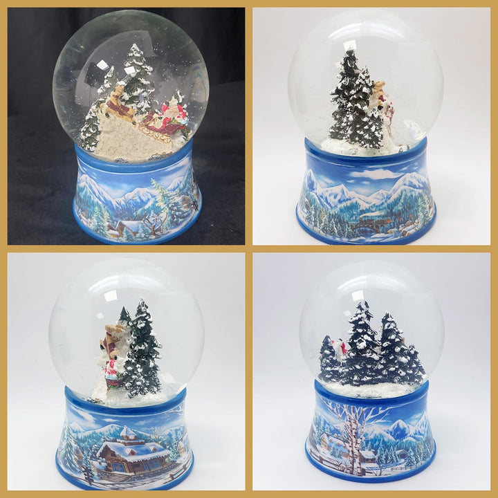 Schneekugel Weihnachten Spieluhr | Weihnachtsmann im Schlitten | Sockel Winterlandschaft hellblau |