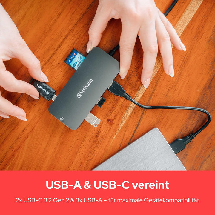 Verbatim USB C Hub 9-in-1, Multiport Adapter USB-C auf HDMI, RJ45, USBA-A und USB-C, mit SD Kartenle