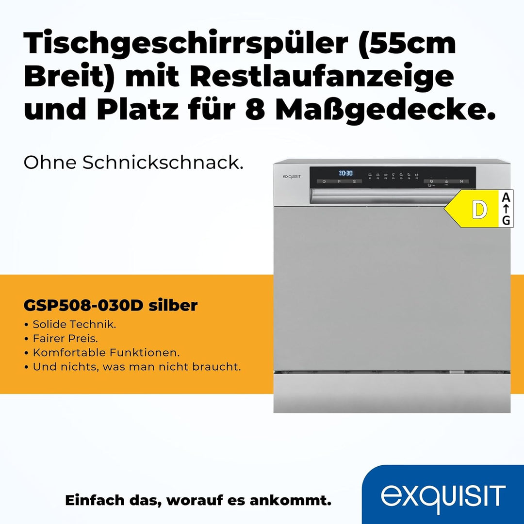 Exquisit Tischgeschirrspüler GSP508-030D silber | Spülmaschine 55 cm freistehend | Kleiner Geschirrs