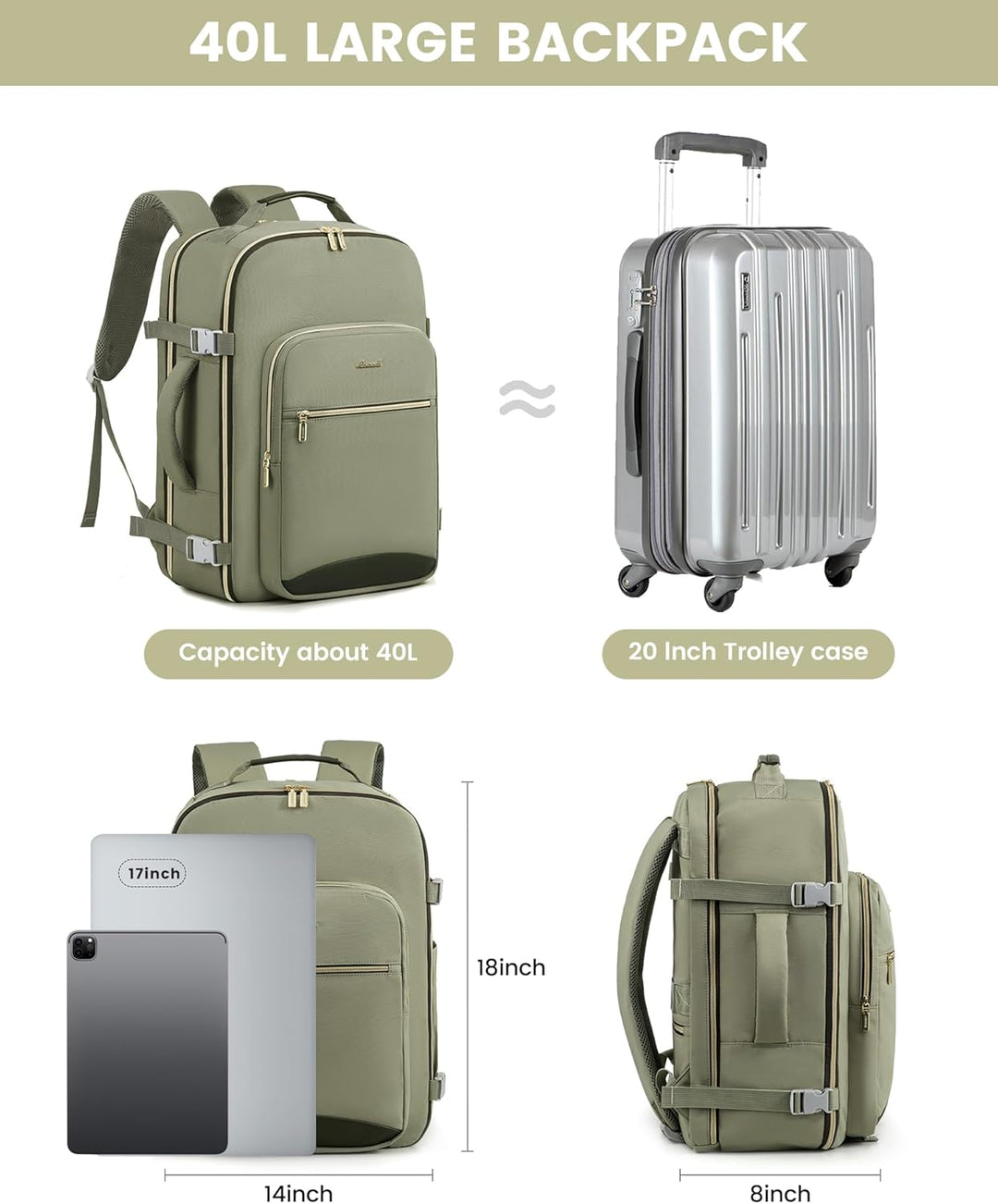 LOVEVOOK Handgepäck Rucksack Flugzeug, 40L Gross Reiserucksack Damen Kofferrucksack, Wasserdicht Rei