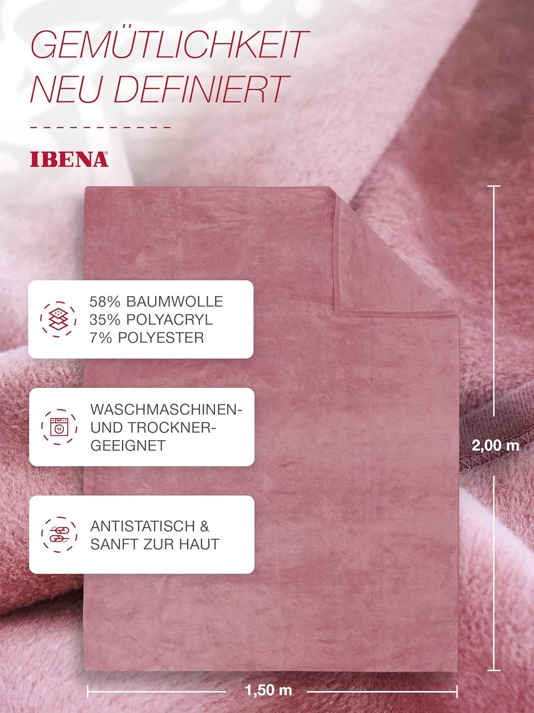 Ibena Porto Kuscheldecke 150x200 cm - Wolldecke rosa einfarbig, pflegeleichte Baumwollmischung, kusc