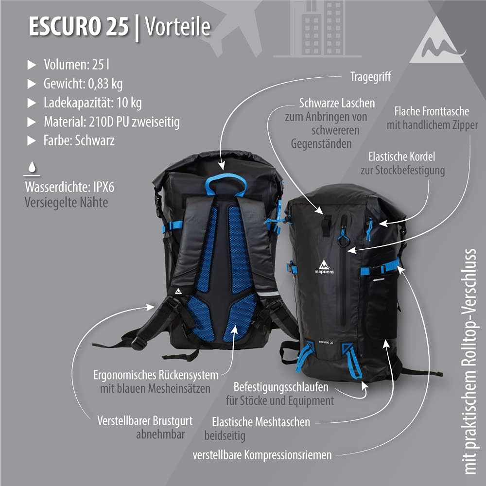 mapuera Escuro - wasserdichter Rolltop Rucksack in verschiedenen Grössen (25 L)