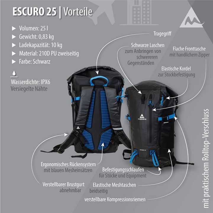 mapuera Escuro - wasserdichter Rolltop Rucksack in verschiedenen Grössen (25 L)