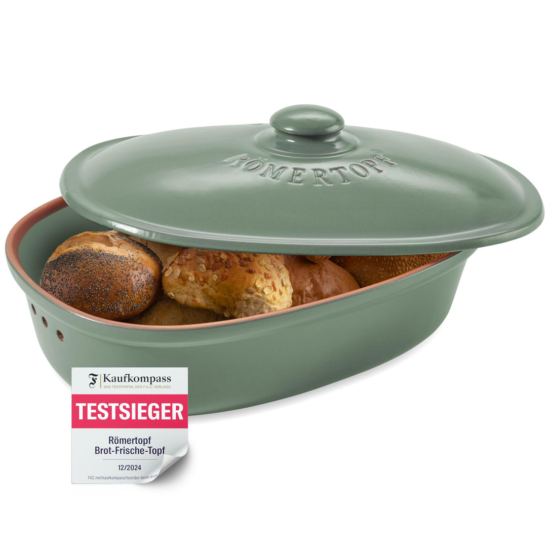 Römertopf Brottopf oval MAXI 6,5 Liter - Brotkasten Grün aus Keramik - Atmungsaktiver Tontopf für la