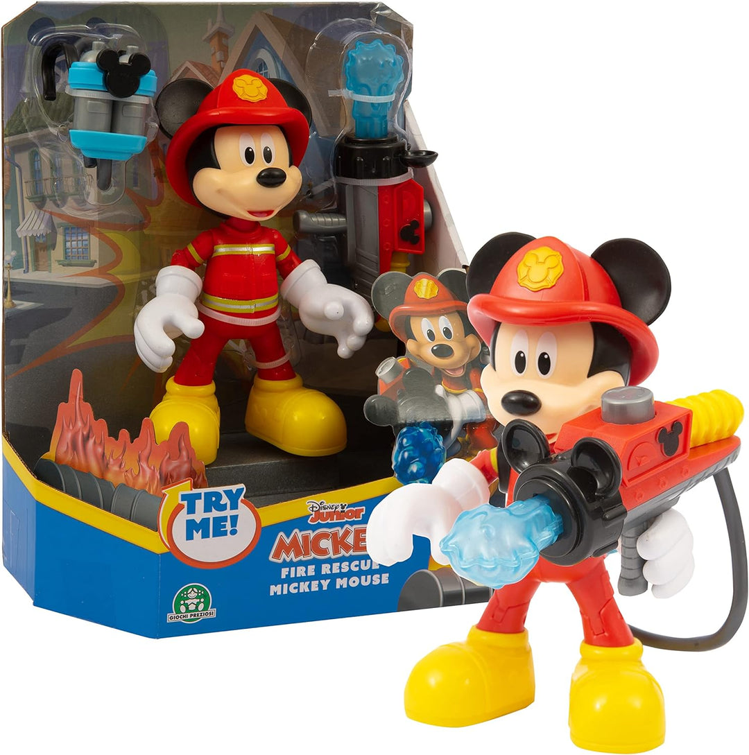 Giochi Preziosi Disney Mickey Figur Feuerwehrmann, 15 cm, beweglich, mit Rucksack mit Wasserkanone u