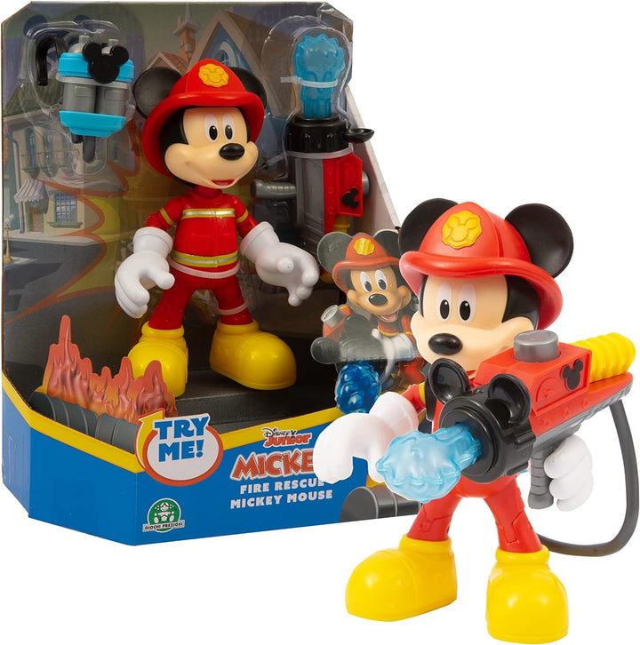 Giochi Preziosi Disney Mickey Figur Feuerwehrmann, 15 cm, beweglich, mit Rucksack mit Wasserkanone u