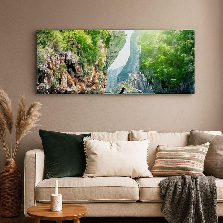 Wandbilder Dekoration Wohnzimmer Boot Klippen Natur Felsen Panorama Bilder auf Leinwand 120x50cm Lei