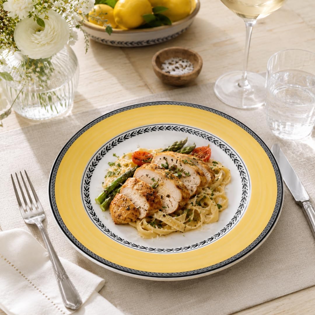 Villeroy und Boch Audun Fleur Speiseteller, 27 cm, Premium Porzellan, Weiss/Grau/Gelb 27 cm Flache P