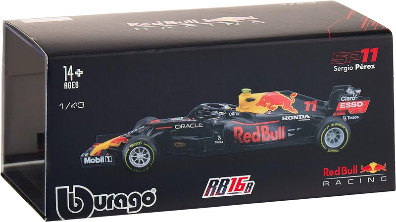 Bburago 1:43 F1 Aston Martin RED Bull Racing RB16B mit Helm Perez, farblich Sortiert, 18-38056-00000